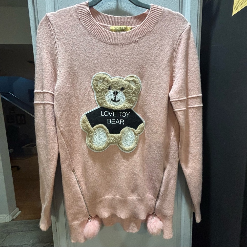 Vinizbena Pink Teddy Bear Crewneck Sweater Pom Poms